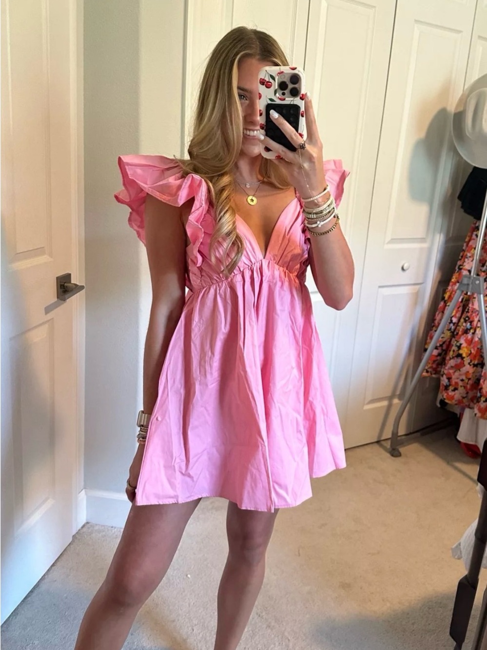 Pink Flutter Sleeve V-Neck Mini Dress